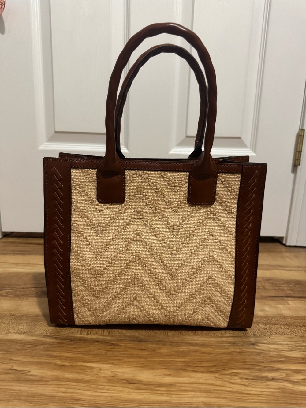 Patricia Nash Beige Woven Chevron Tote with Brown Trim